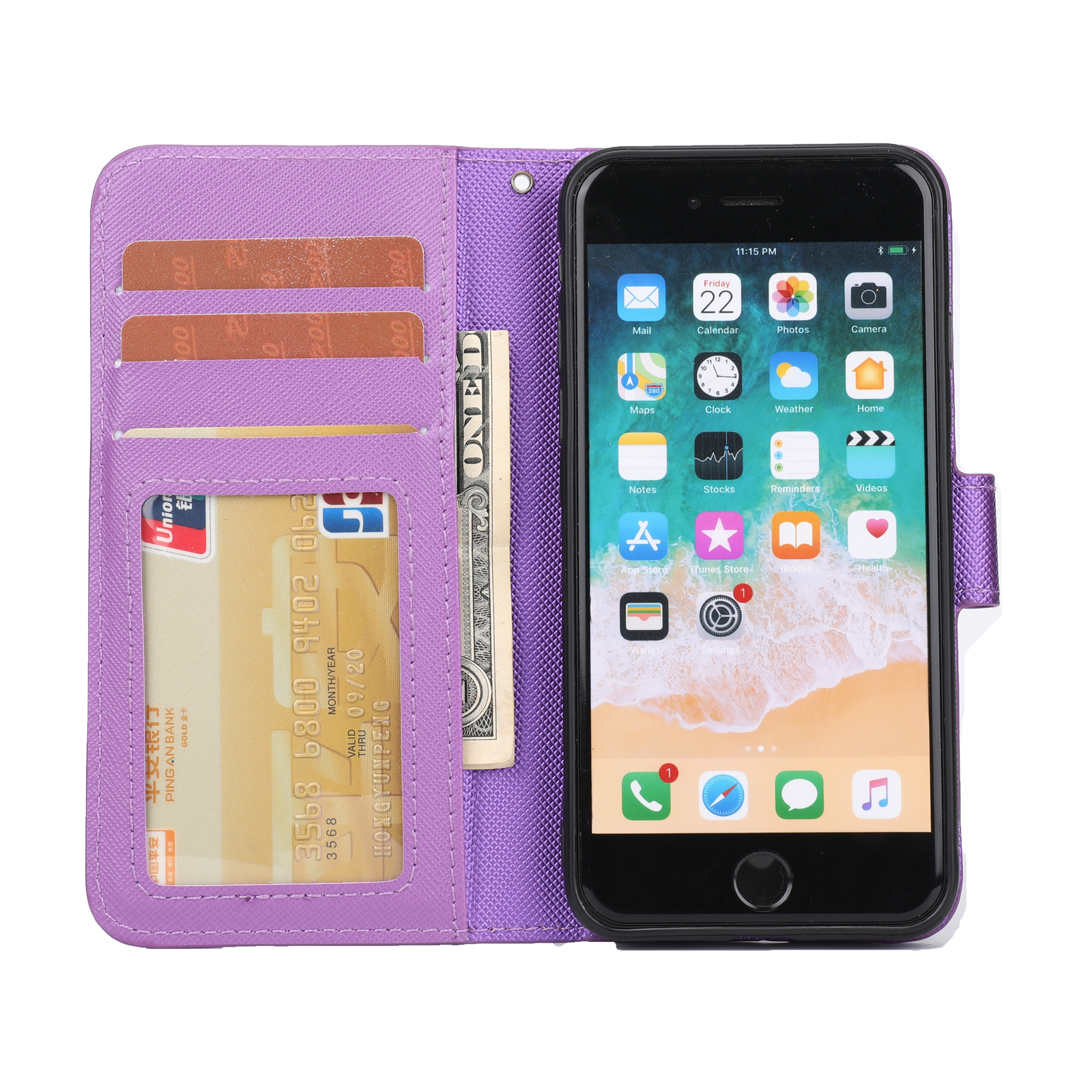 iPhone SE (2022/2020) / 8 / 7 Leder Tasche mit Kartenfächer   Magnetische Schutzhülle - Lila