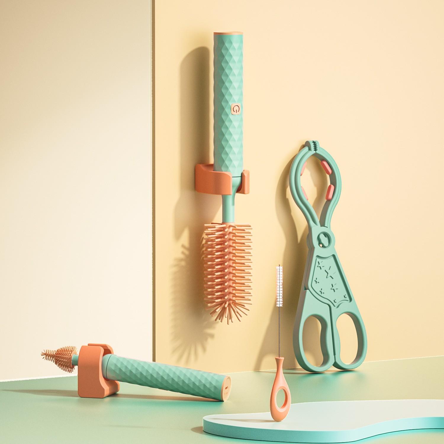 (6-tlg. Set) Elektrische Silikon Baby Flaschenbürste USB Fläschchen Reiniger IP65 inkl. Aufsätze   Greifzange  - Blau / Orange