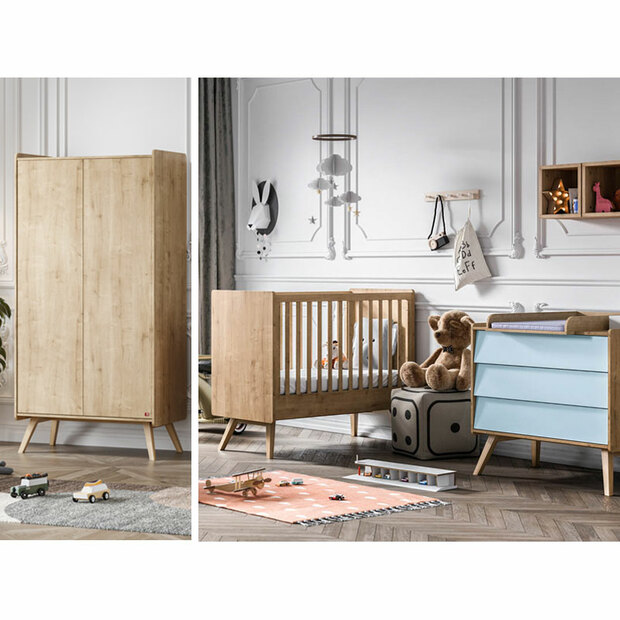 Chambre TRIO VINTAGE Lit 70x140 Commode Armoire Bois Bleu - VOX