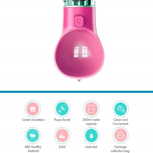 Tigela de água portátil Edipets com dispensador de sacos, rosa, para cães.