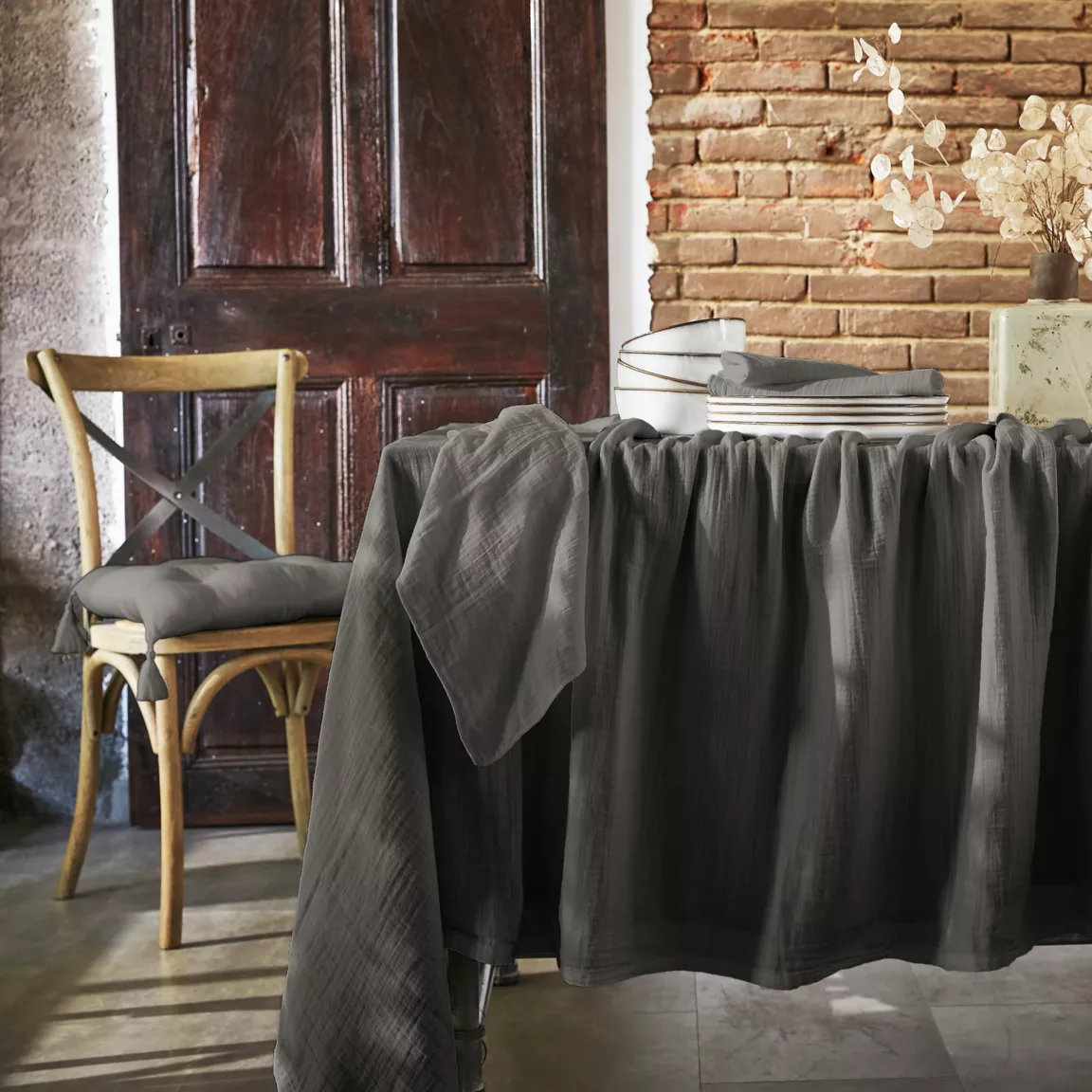 Lot de 3 serviettes gaze de coton (40 x 40 cm) Gaïa Gris granit
