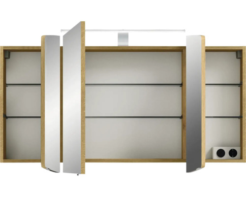 Pelipal Sunline 104 badkamermeubelset, BxHxD 121 x 200 x 50,5 cm, frontkleur: Riviera eiken, 3-delige badkamermeubelset met wastafel en badmeubel van wit mineraalmarmer, spiegelkast met LED-verlichting