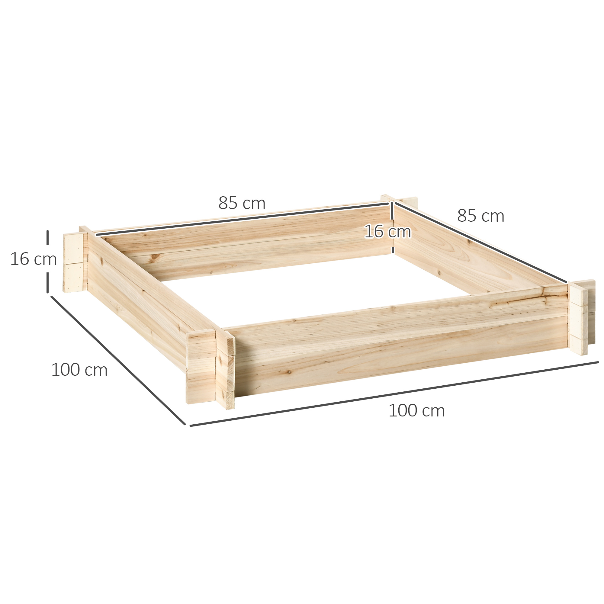 Vaso de madeira quadrado Outsunny Urban Garden para cultivo de plantas, flores e ervas em terraços, 100x100x16 cm, cor natural.