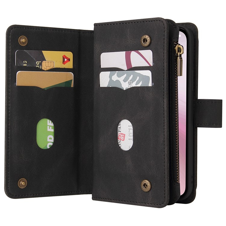 iPhone 16e Leder Tasche Flip Cover Kartenfächer mit Druckknopfverschluss   Handschlaufe - Schwarz
