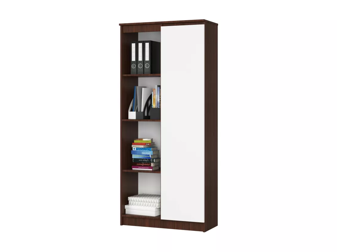 Bibliothèque de bureau AKORD R80 Wengé 80 cm 1 porte façade Blanche mat 8 étagères 80x35x180 cm