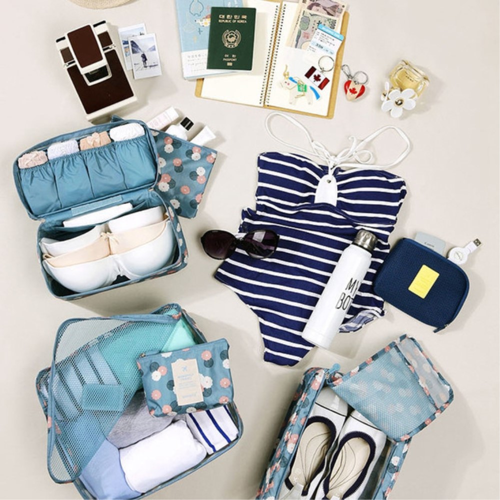 Faltbare Reise Kulturtasche Waschbeutel mit Trageschlaufe & Befestigungshaken - Blumen (Blau)