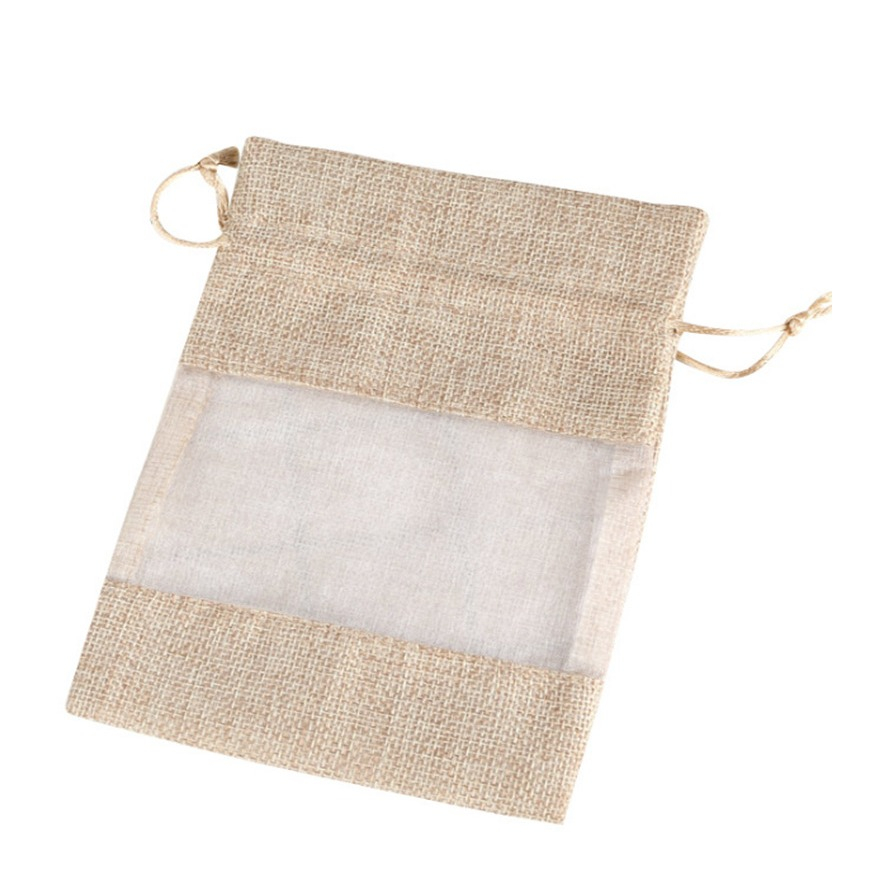 (10er Set) 18x13cm Jute Geschenk Beutel Gift Bag mit Kordelzug / Sichtfenster - Natur