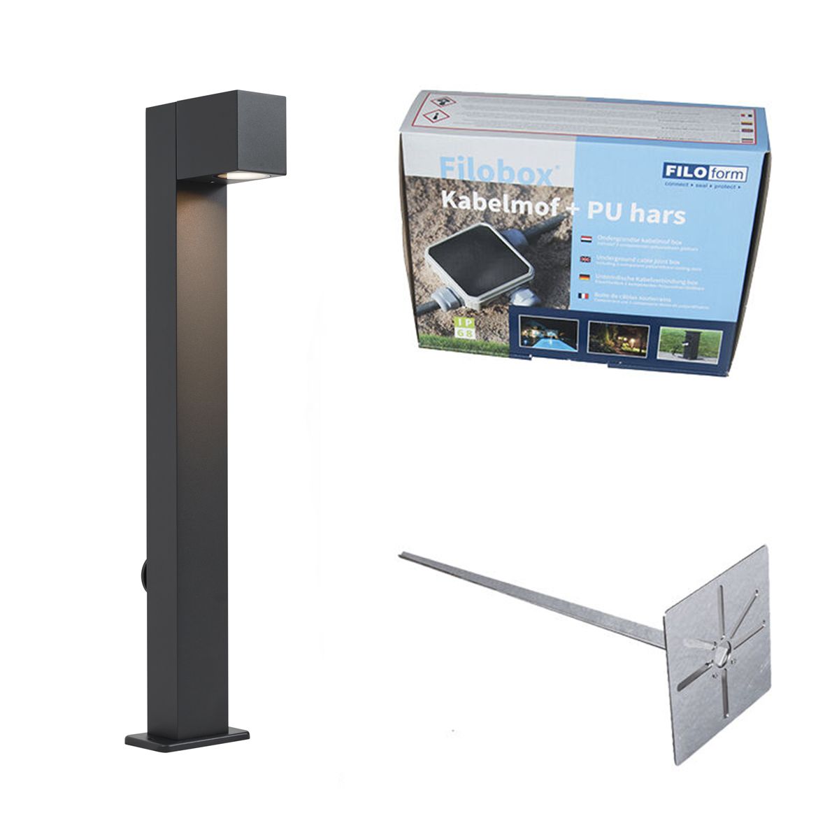 Buitenlamp zwart met grondpin en kabelmof 65cm incl. stopcontact IP44 - Baleno