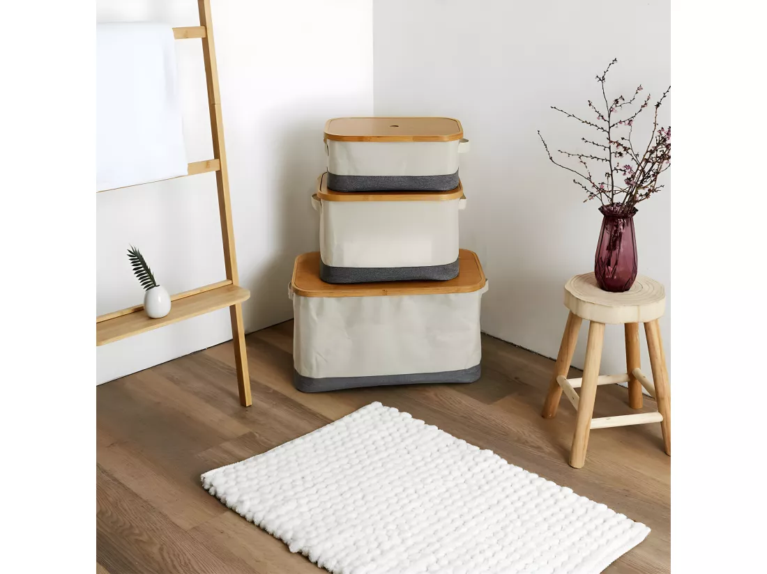 LAZEN - Lot de 3 Panières Bambou avec Couvercle Tissu Blanc et Gris