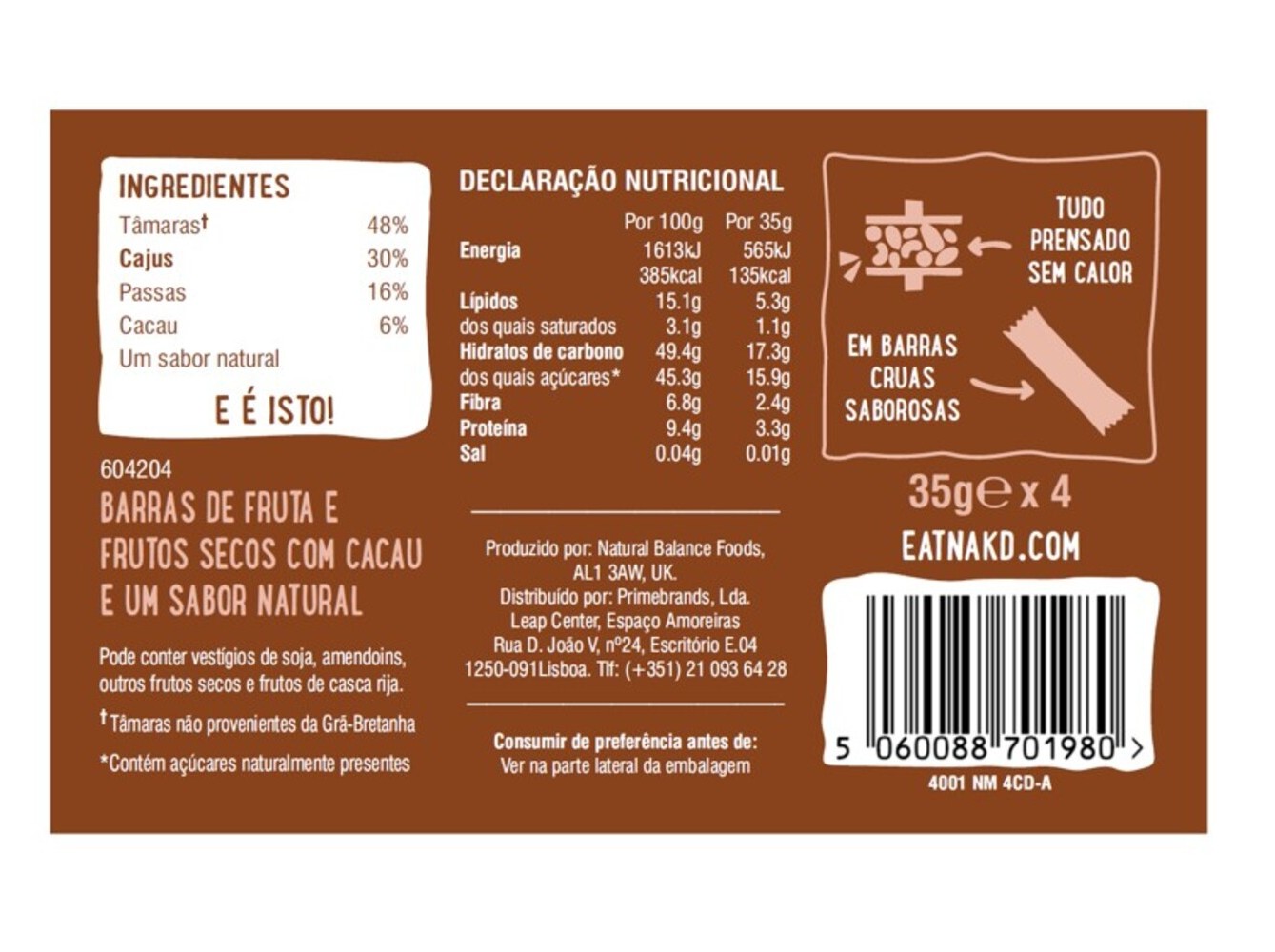BARRAS NAKD CRUAS FRUTA CACAU DELIGHT 4X35G