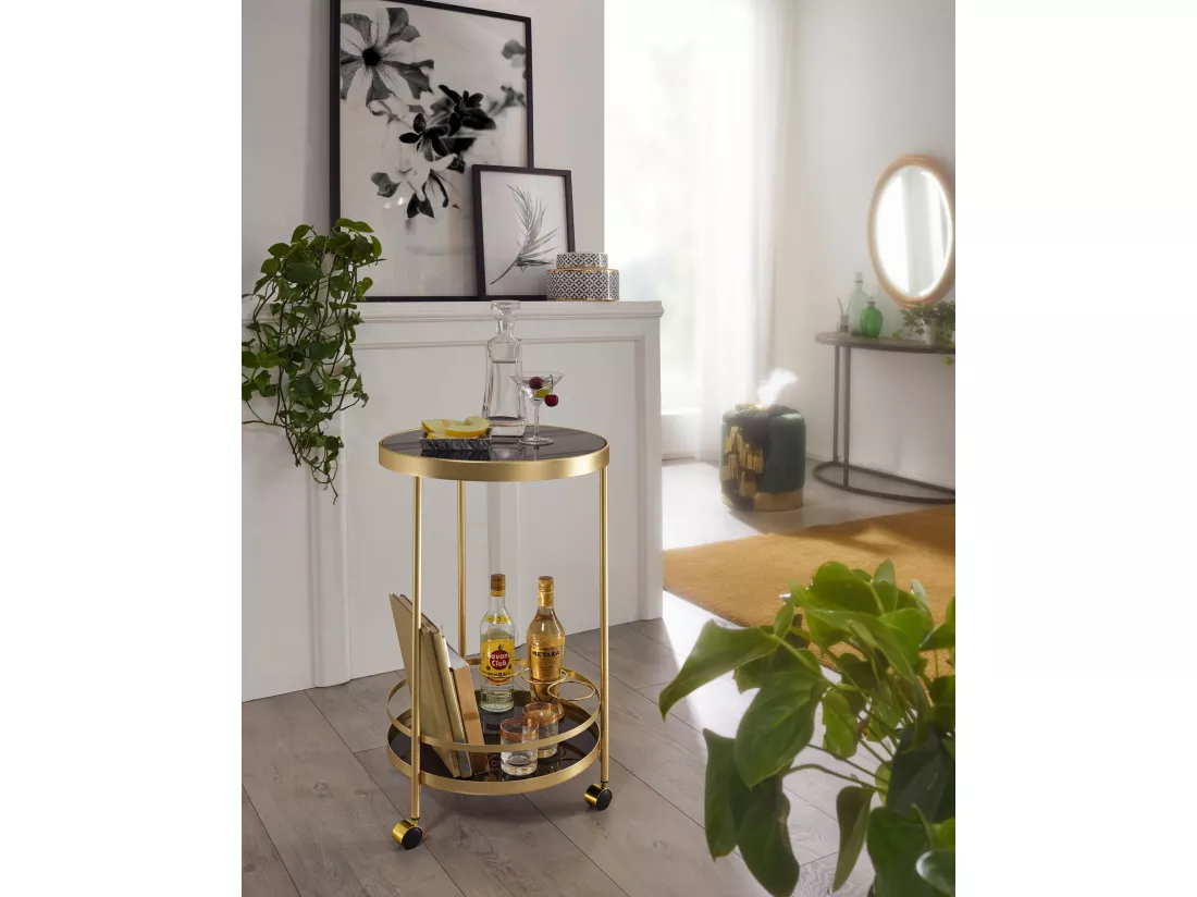 desserte table d'appoint dorée sur roulettes chariot de salle à manger en verre rond Ø 45 cm