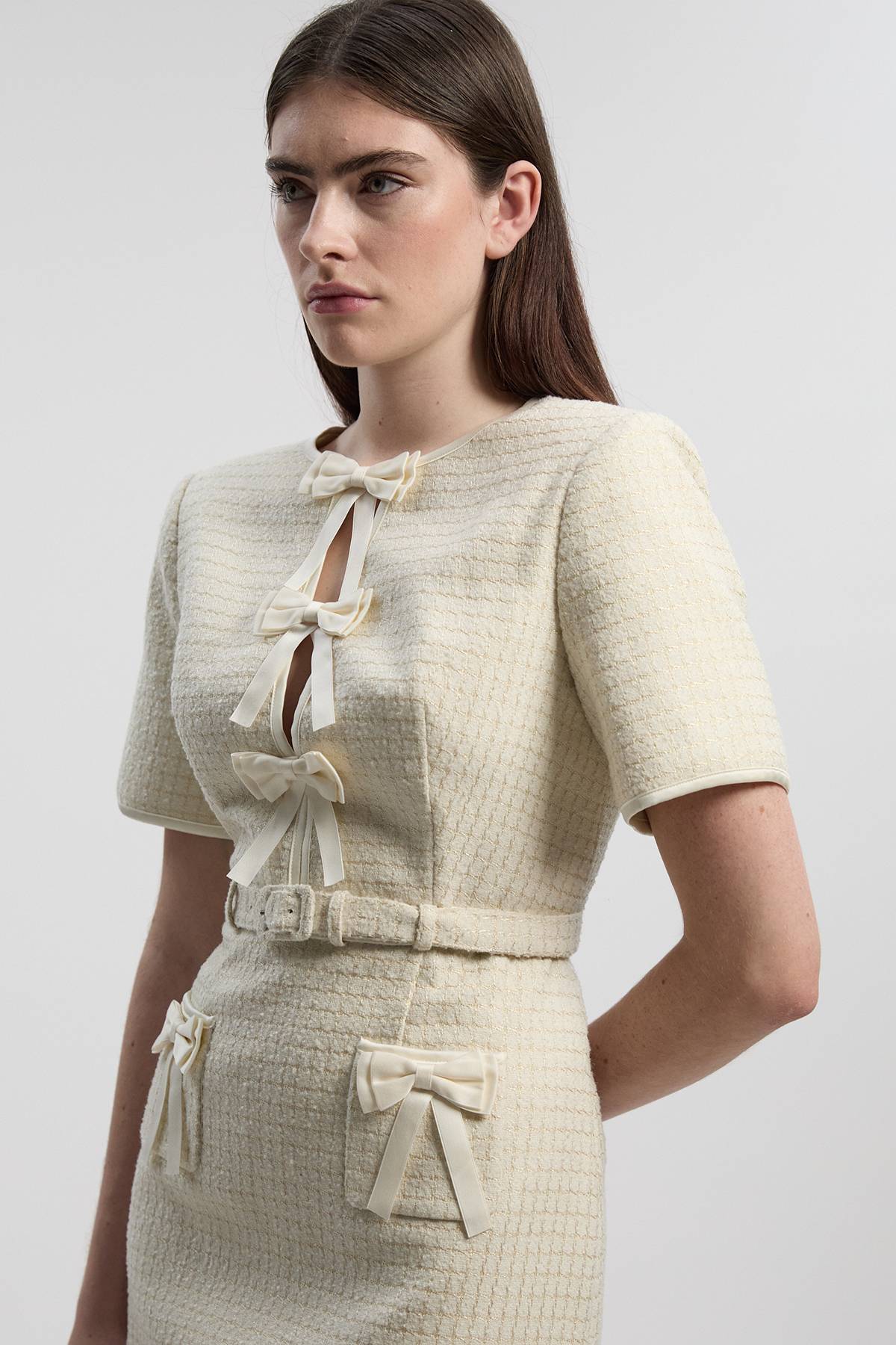 KarenMillen Mini Robe en Tweed Ajustée avec Détail Nœud