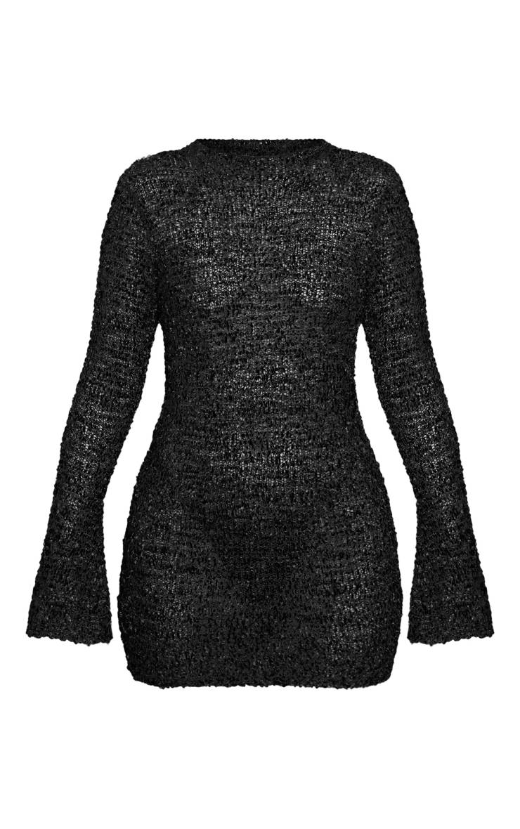 Noir Robe Mini À Manches Longues En Maille Bouclette