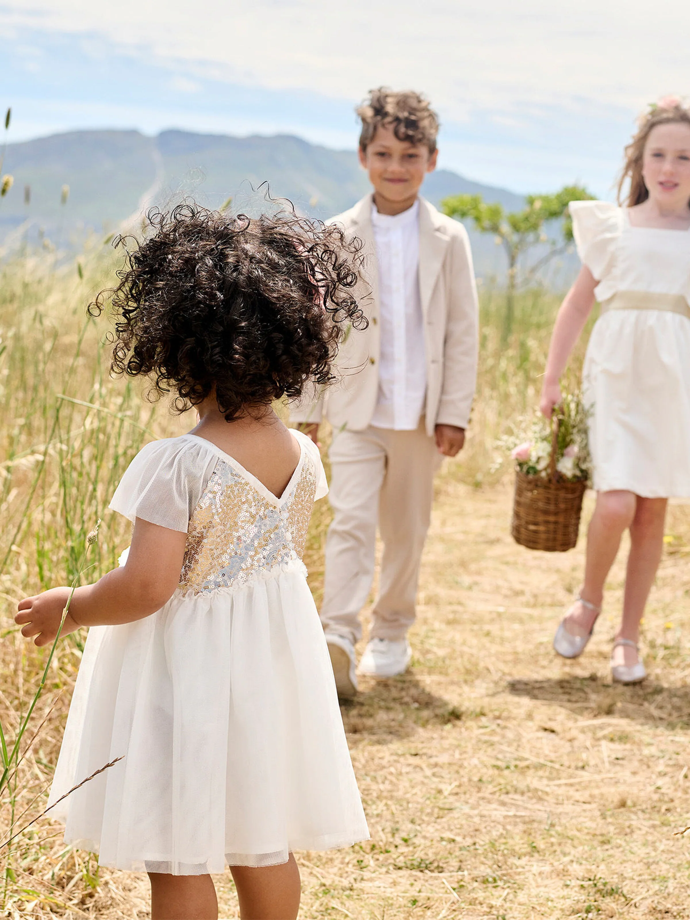 Vertbaudet Kurzärmeliges Mädchen Festkleid mit Pailletten weiß