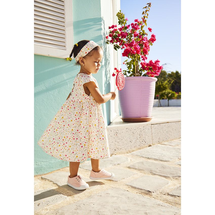 Robe en popeline imprimé fleuri pour fille - Ecru