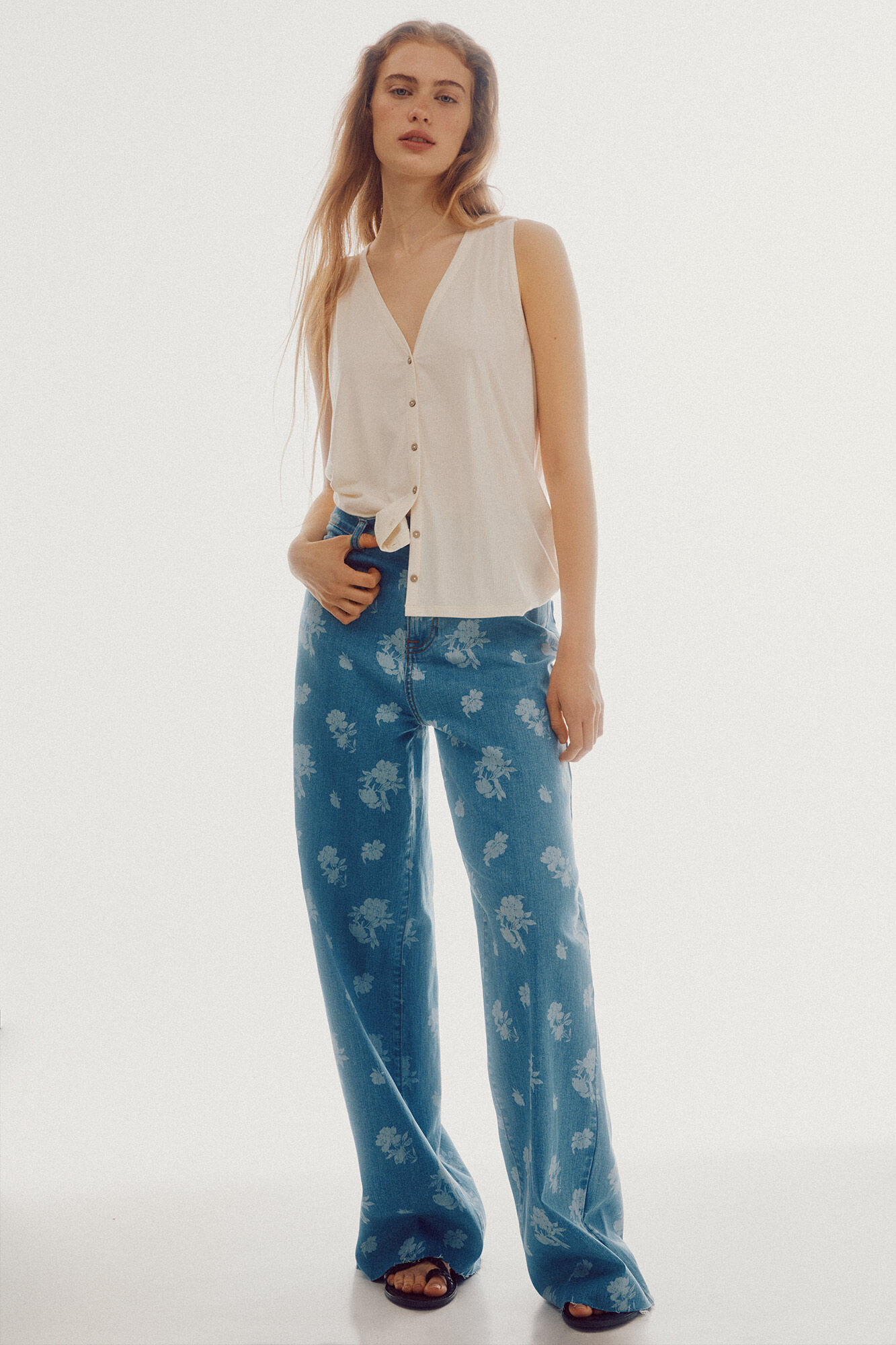 Calça jeans de perna larga - Azul