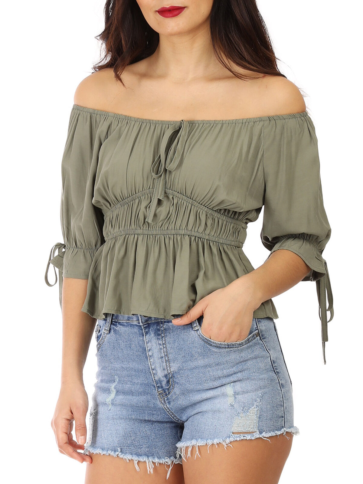 Crop top à col bardot et liens- Kaki