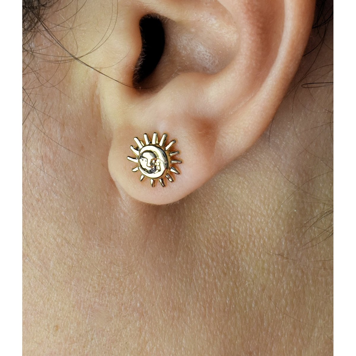 Boucles d'oreilles soleil et lune unis Plaqué OR 750 3 microns