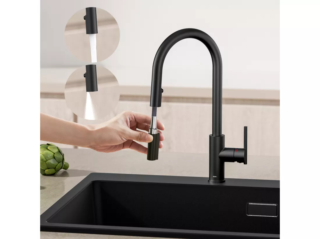 2PCS CECIPA MAX Mitigeur Cuisine avec Douchette Extractible Robinet Cuisine 360 Rotatif avec 2 Jets aux Choix Robinetterie Noir Haute Qualité