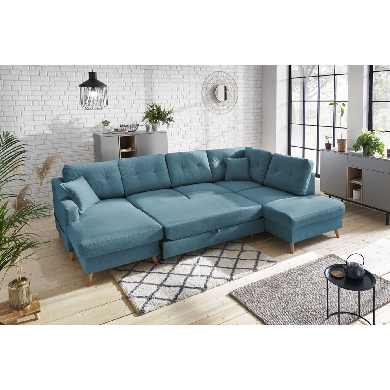 Bobochic Canapé d'angle panoramique convertible gauche Sweden bleu clair - 300x149/90/198x95 cm