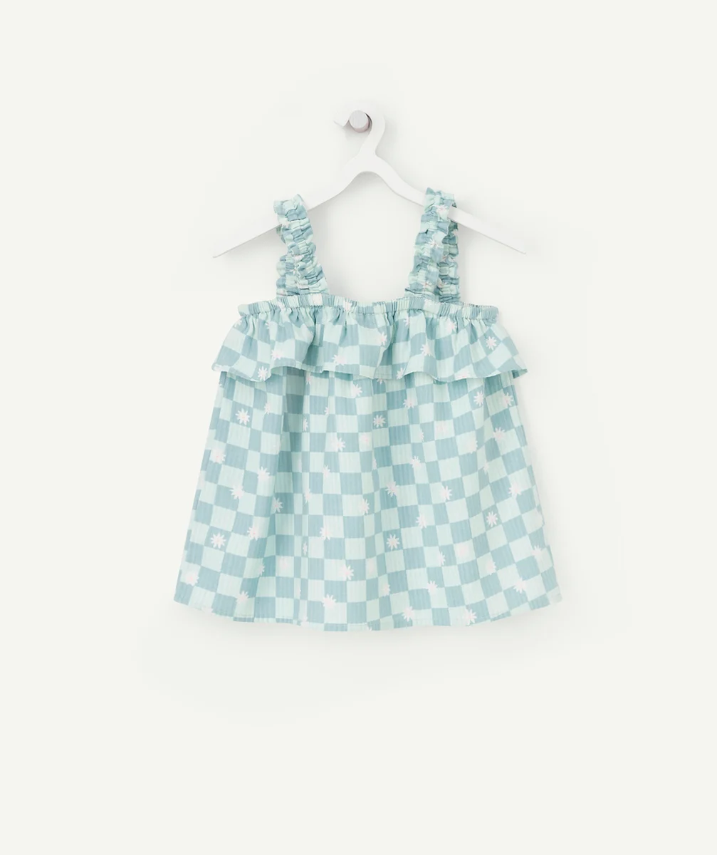 BLOUSE À BRETELLES FILLE EN COTON ET MOTIF DAMIER VERT