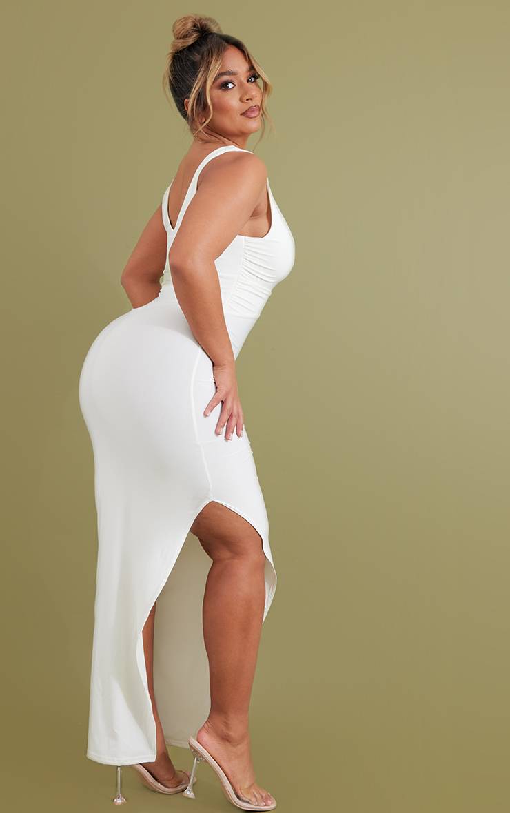 Crème Robe Moulante Mi-longue Sans Manches À Buste Froncé En Jersey Fluide