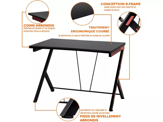 Bureau Gaming 116 x 75 cm, Bureau Gamer avec Cadre en Métal en Forme de R, Bureau de Jeu d'Ordinateur Informatique Ergonomique, pour Travailler et Étudier, Noir