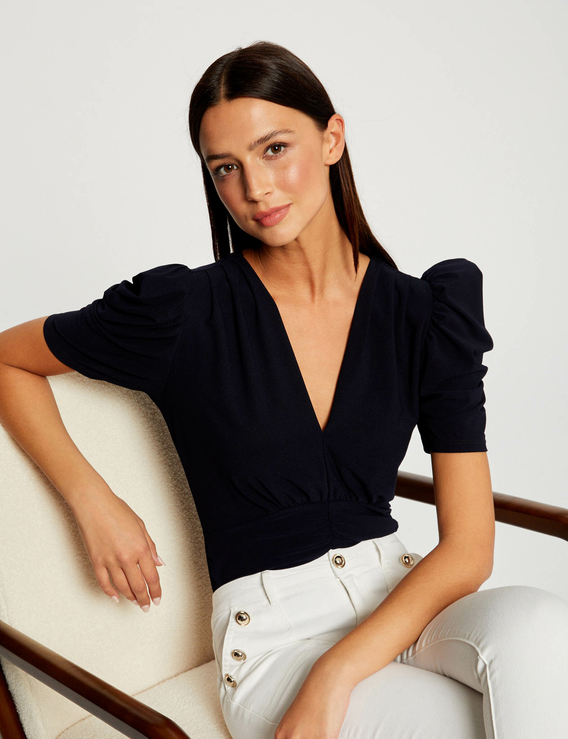 T-shirt manches courtes froncé marine femme - marine