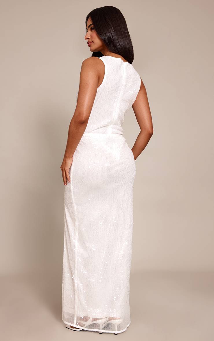 Blanc Jupe Longue Fendue À Sequins Drapés Petite Taille