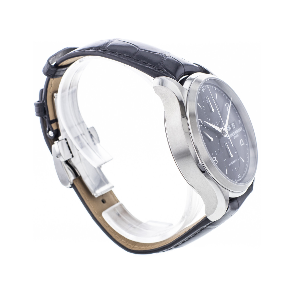 Montre d'occasion Baume & Mercier Clifton homme chronographe automatique acier bracelet cuir noir