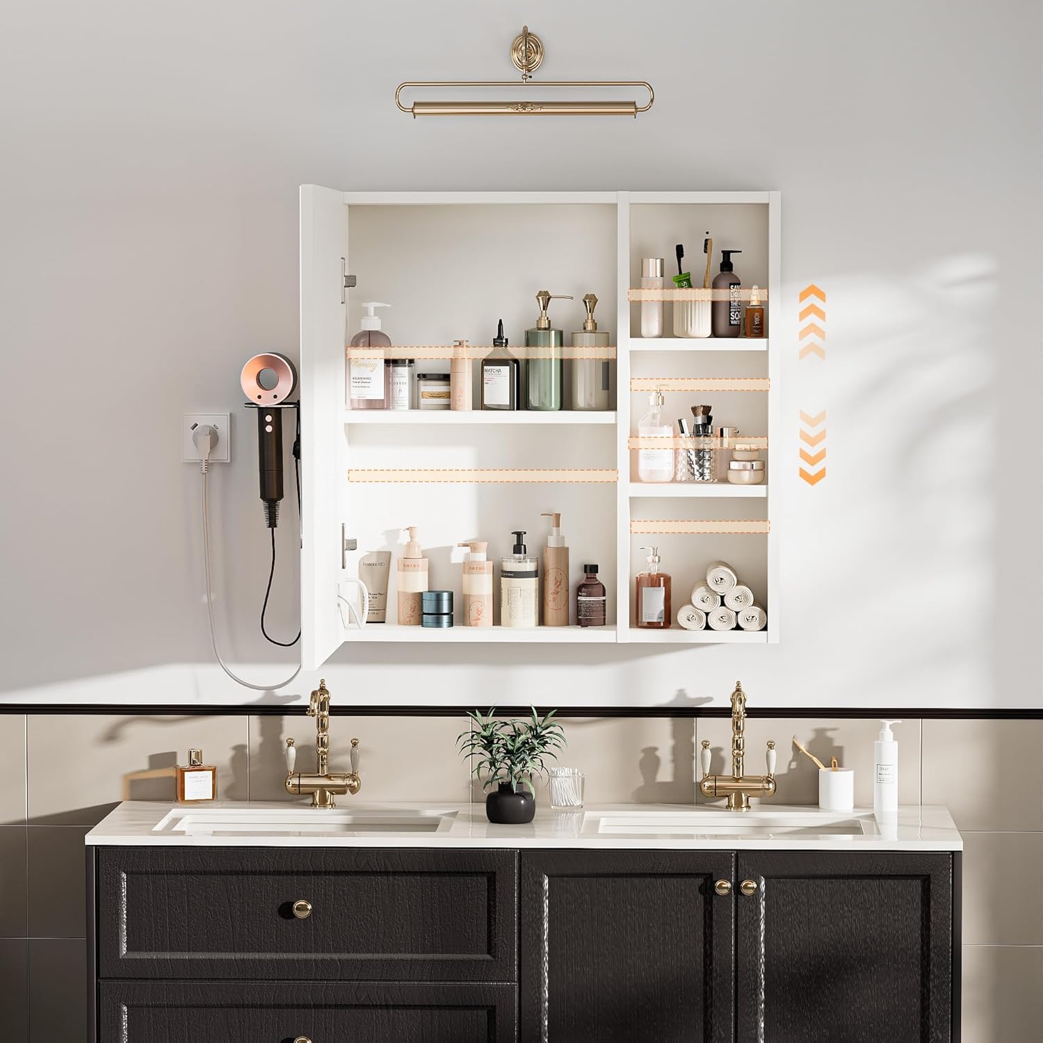 Spiegelschrank Bad mit Beleuchtung und Entnebelungs Funktion Hängend Bad Spiegelschrank mit Haartrocknerhalter und 3 Einstellbar Einlegeböden für Badezimmer,60x15x60 cm Off-White