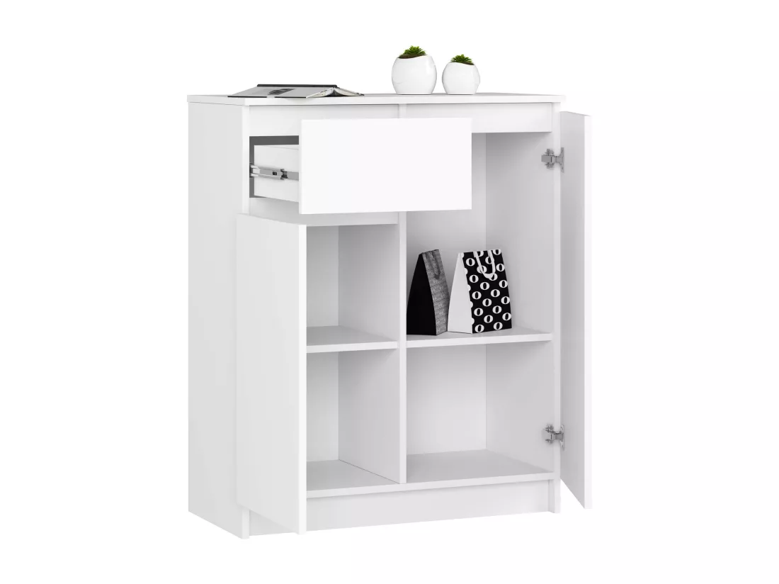 Commode AKORD K80 Blanche 80 cm 2 portes 1 tiroir façade Blanche 4 étagères 80x40x99 cm
