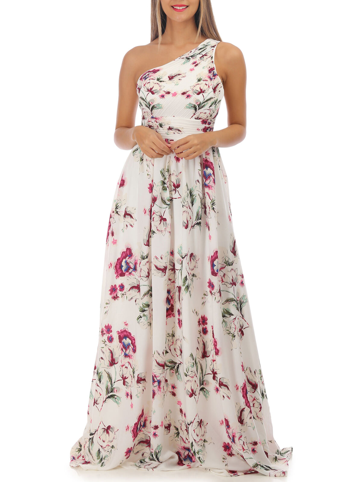Robe longue asymétrique fleurie- Blanc