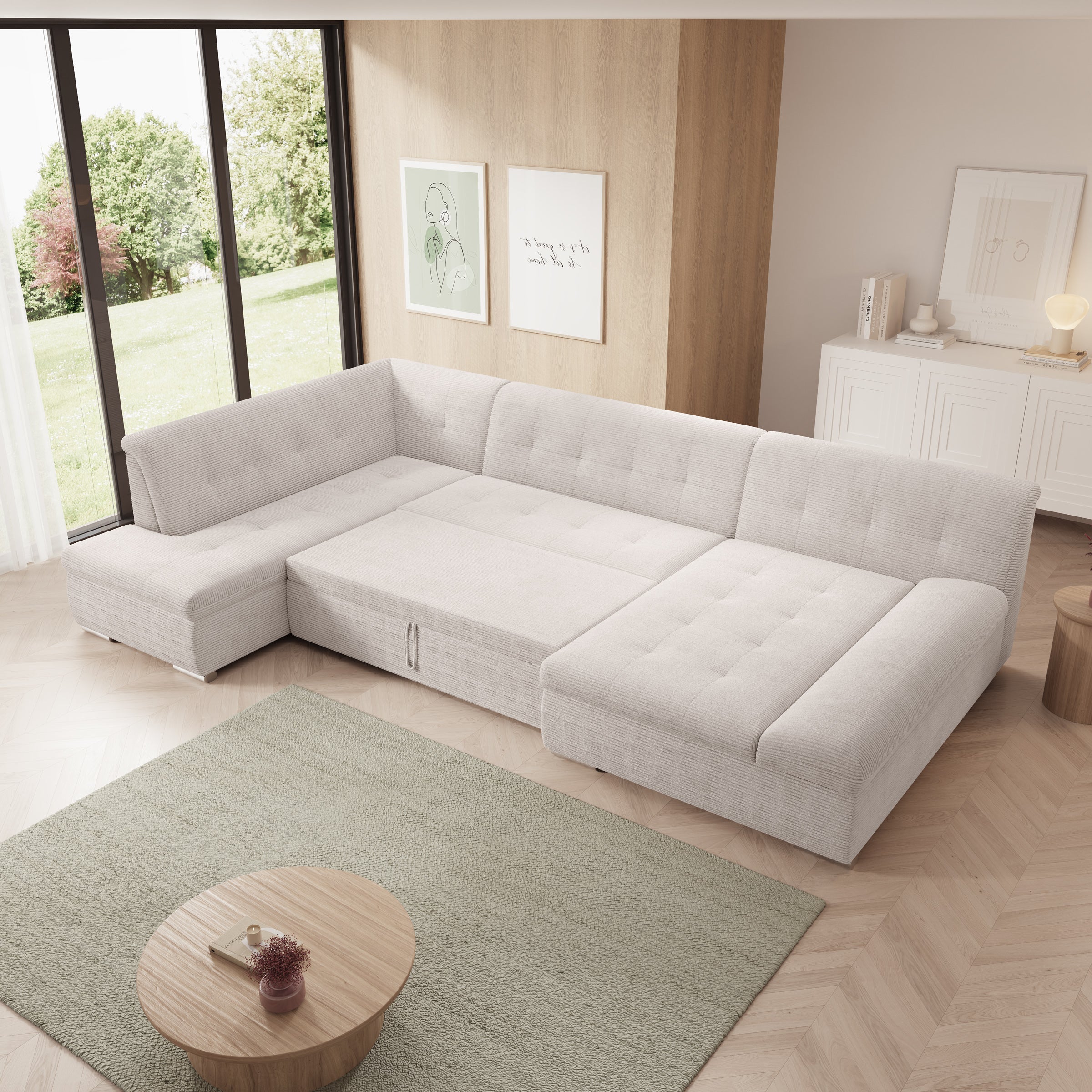 Alberta XL - Hoekbank 5-zits met slaapfunctie - Ribstof beige - Rechts - 346x207x80 cm