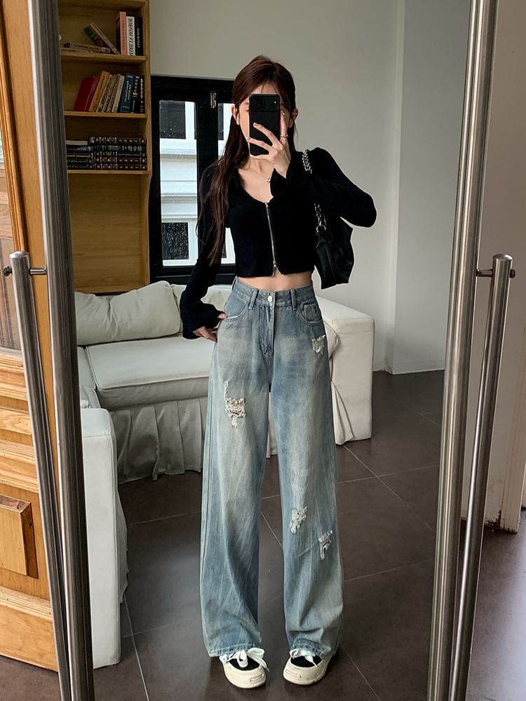 Wisjam - High Rise Ripped Washed Wide Leg Jeans