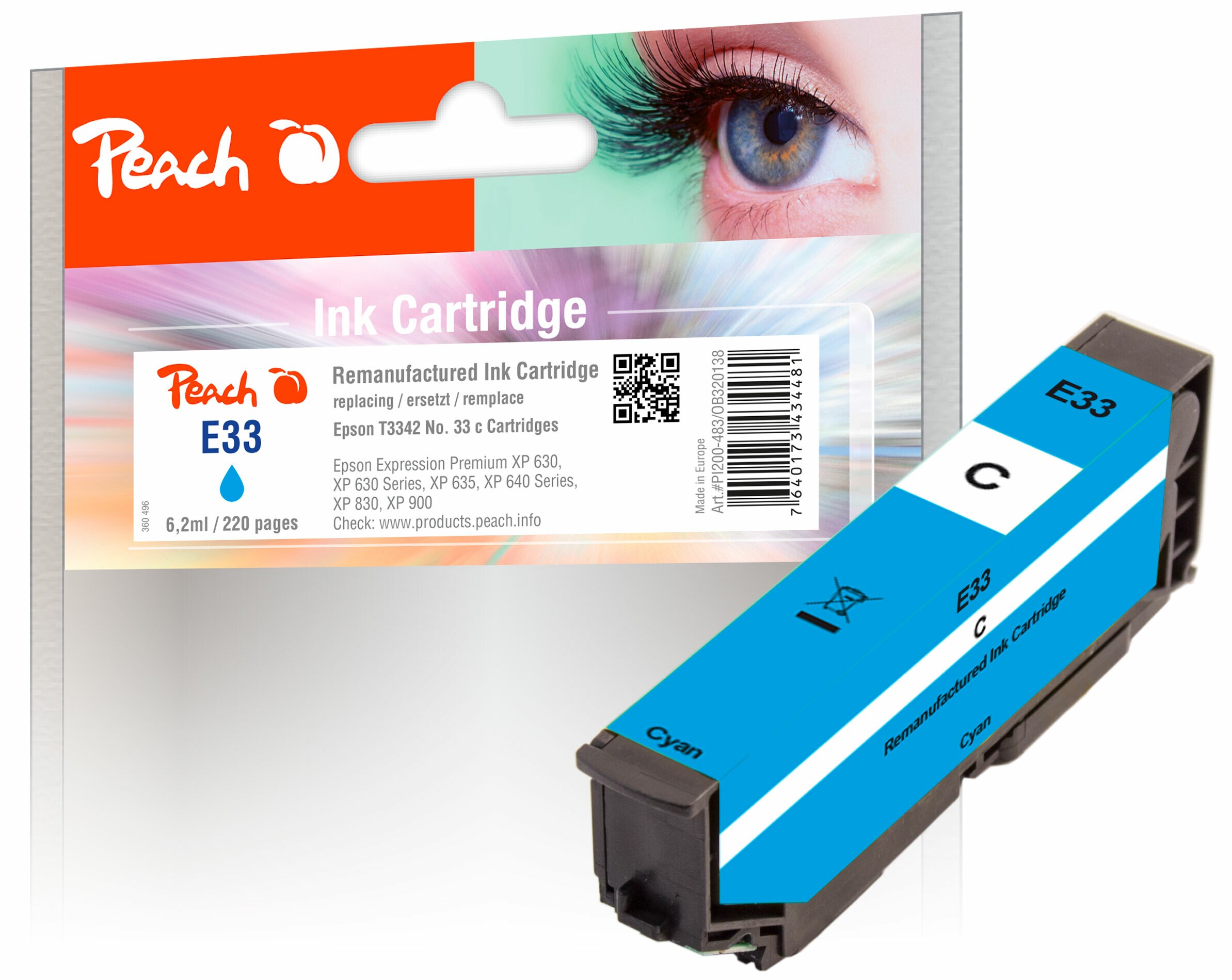 Peach E33Druckerpatrone cy ersetzt Epson T3342, No. 33 c, C13T33424010 für z.B. Epson Expression Premium XP -530, Epson Expression Premium XP -630 (wiederaufbereitet)