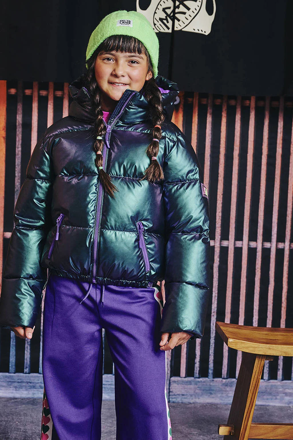 Z8 kids gewatteerde winterjas Melita metallic look groen/paars