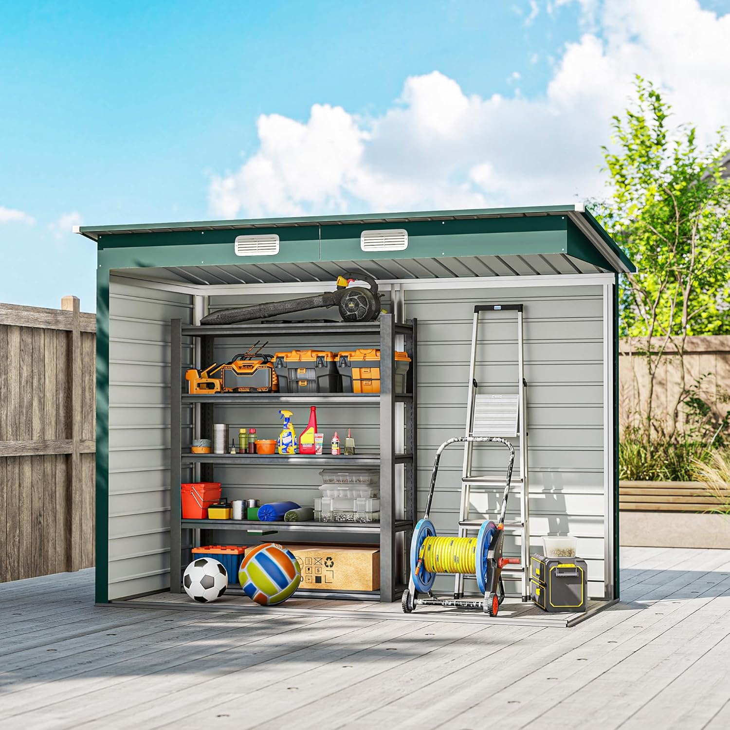 Outsunny Metall Gerätehaus 2,7 m² 249x121x183cm Geräteschuppen mit Pultdach Abschließbarer Doppeltür Entlüftung Schloss Rampe Gartenhaus Outdoor Garten Schuppen für Hinterhof Außenbereich Grün