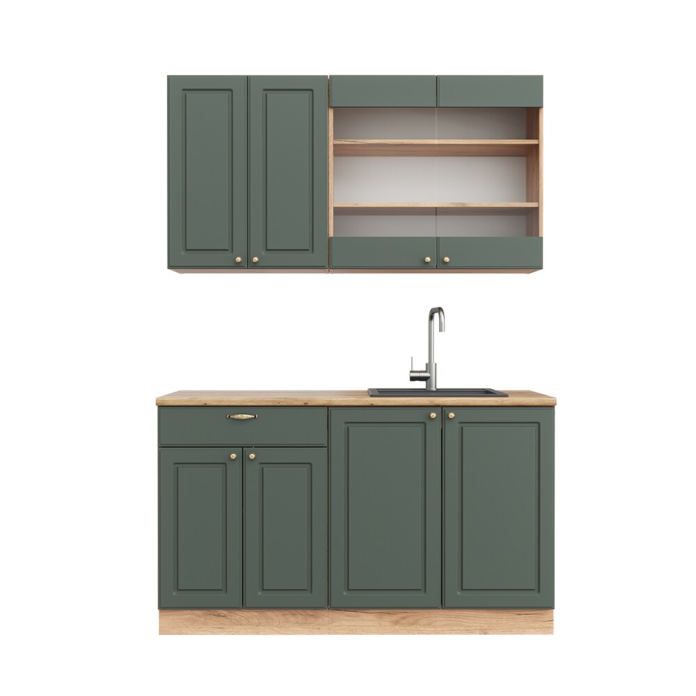 Vicco Küchenzeile Küchenblock Einbauküche Fame-Line Single Landhaus Eiche Grün Gold 140 cm modern Küchen Schränke Spülenunterschrank Schubunterschrank Hängeschrank Hängeglasschrank