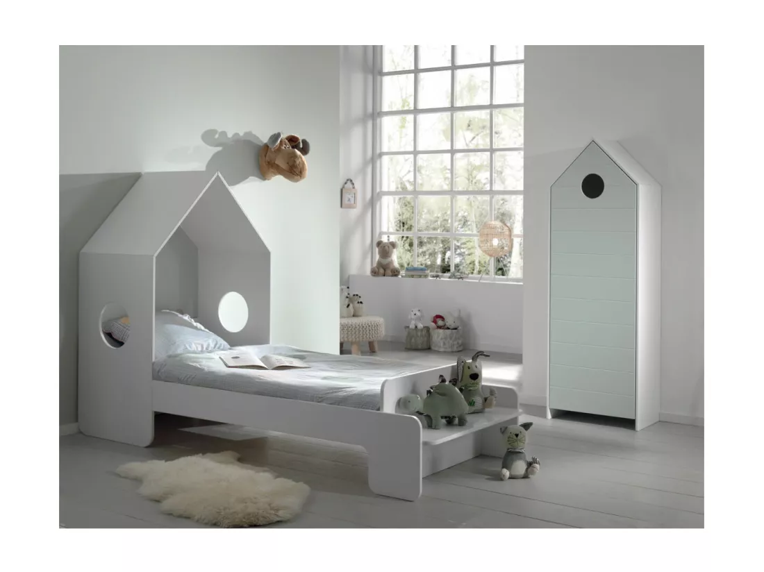HAVRE - Pack Lit Cabane 90x200cm + Armoire Vert Menthe
