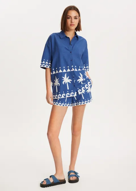 Korte mouwen blouse met print blauw (INDIGO)