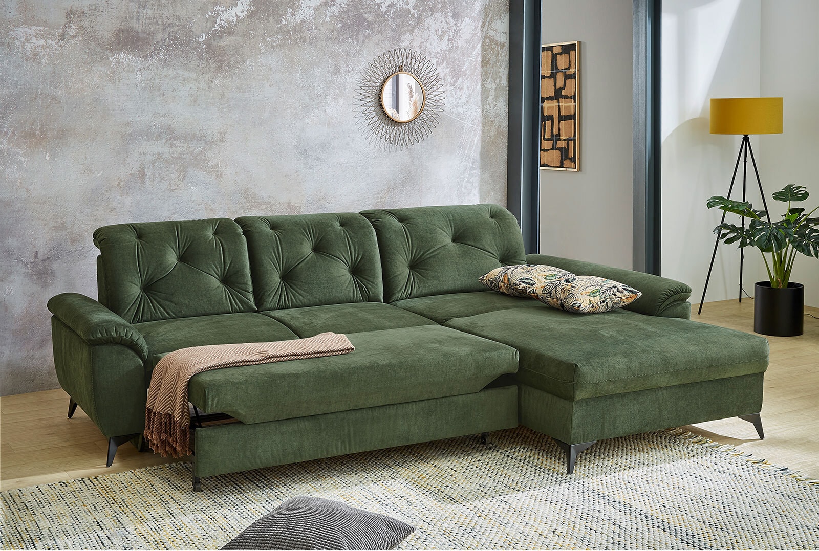 Ecksofa Studio, Stoffbezug dunkelgrün, ca. 280 x 202 cm