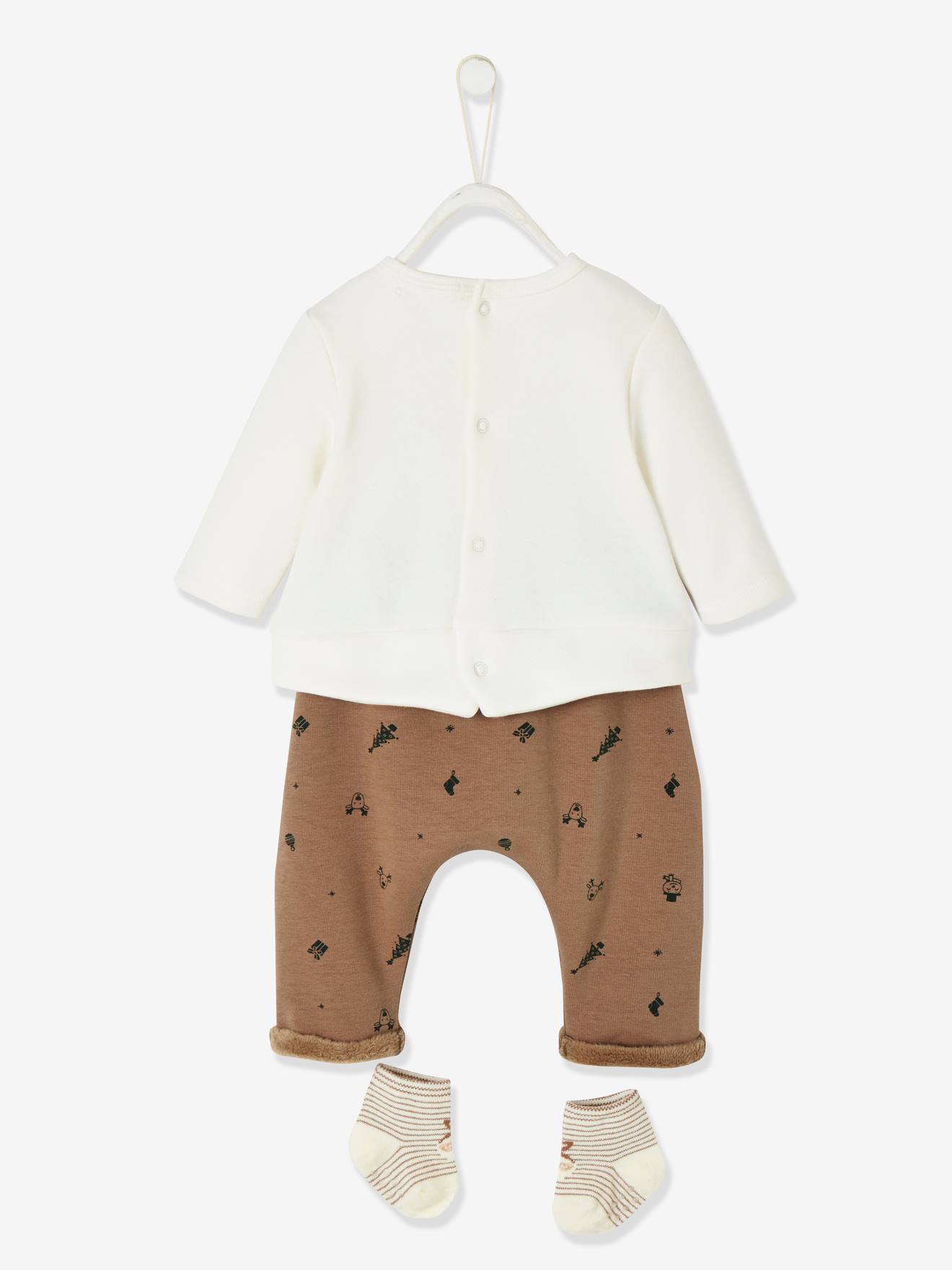 Conjunto de Natal para bebê menino, camiseta + calça + meias, marrom claro liso com estampas.