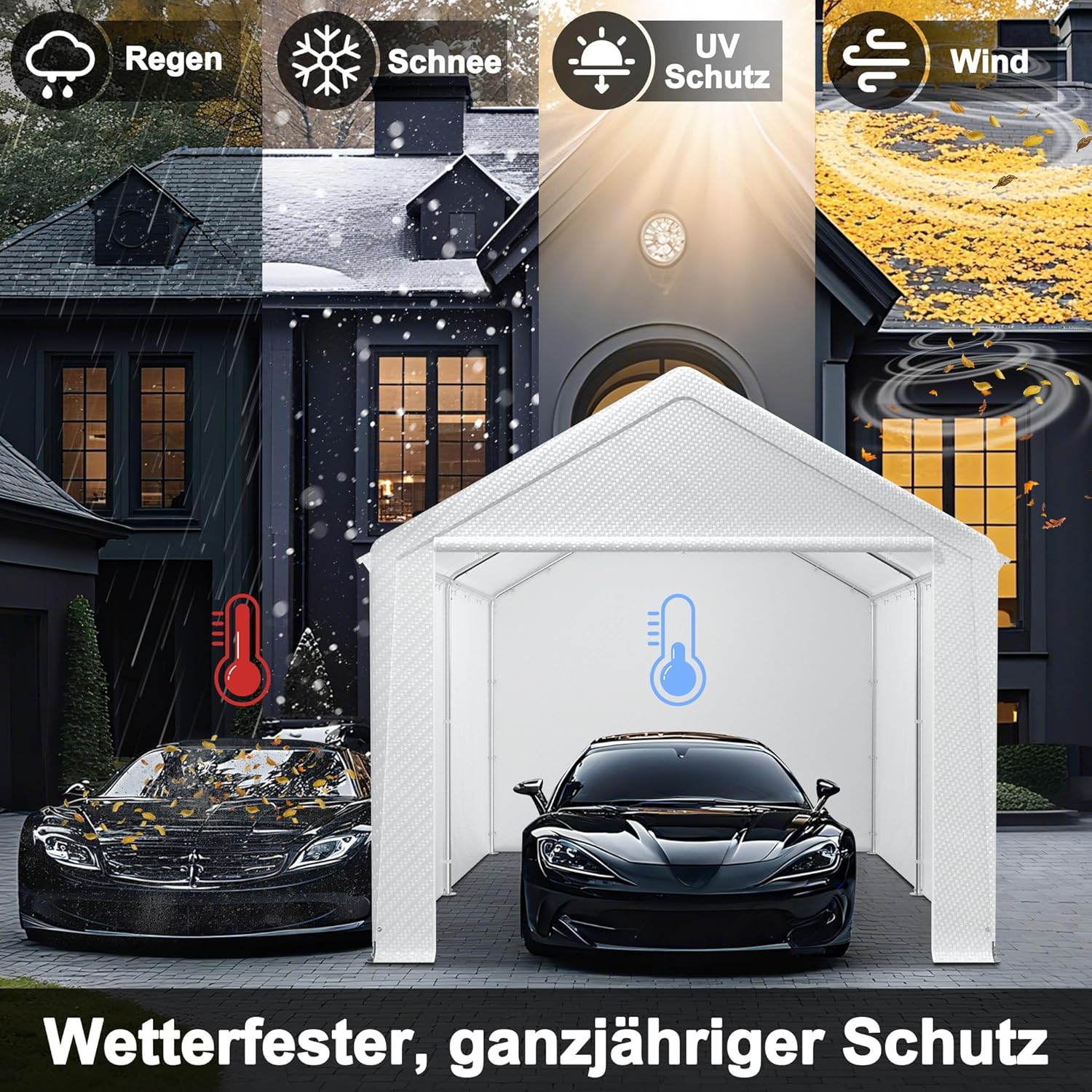 Aufun Carport Zeltgarage 3x4m, Wasserdichtes Lagerzelt mit PE-Dach, Reißenresistenter Garagenzelt mit abnehmbaren Seitenwänden, UV-beständig Winterfest Unterstand für Auto, SUV, LKW, Boot, Weiß