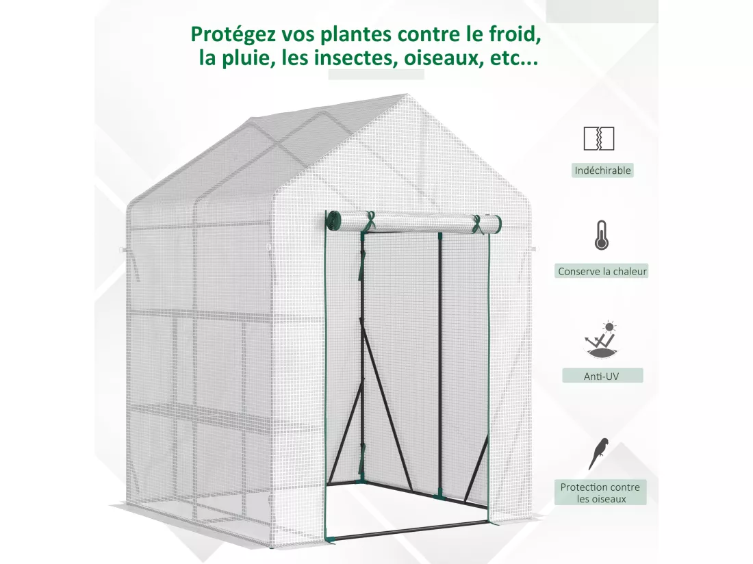 Serre de jardin 2 tablettes dim. 1,43L x 1,43l x 1,95H m porte déroulante acier PE haute densité 140 g/m² transparent blanc