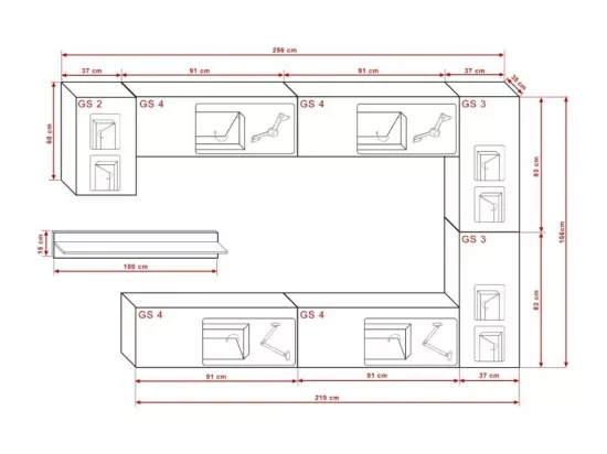 Ensemble de meubles de salon noir suspendus collection CEPTO VI 256cm, 7 portes, étagère murale blanche, leds, modulables.