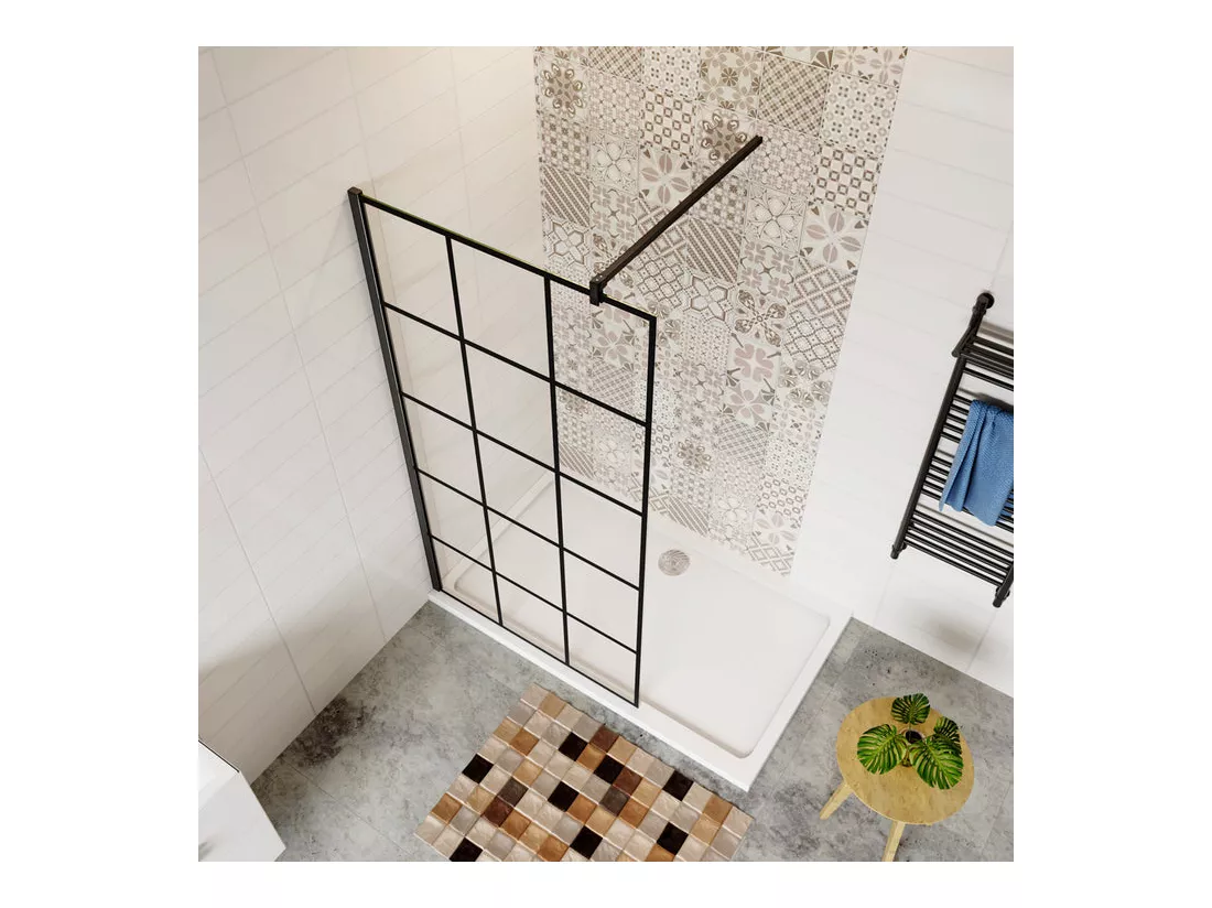 Paroi de douche fixe à l'italienne 120x200cm avec barre de fixation 90cm en carré - Noir - 8mm verre coloré et anticalcaire