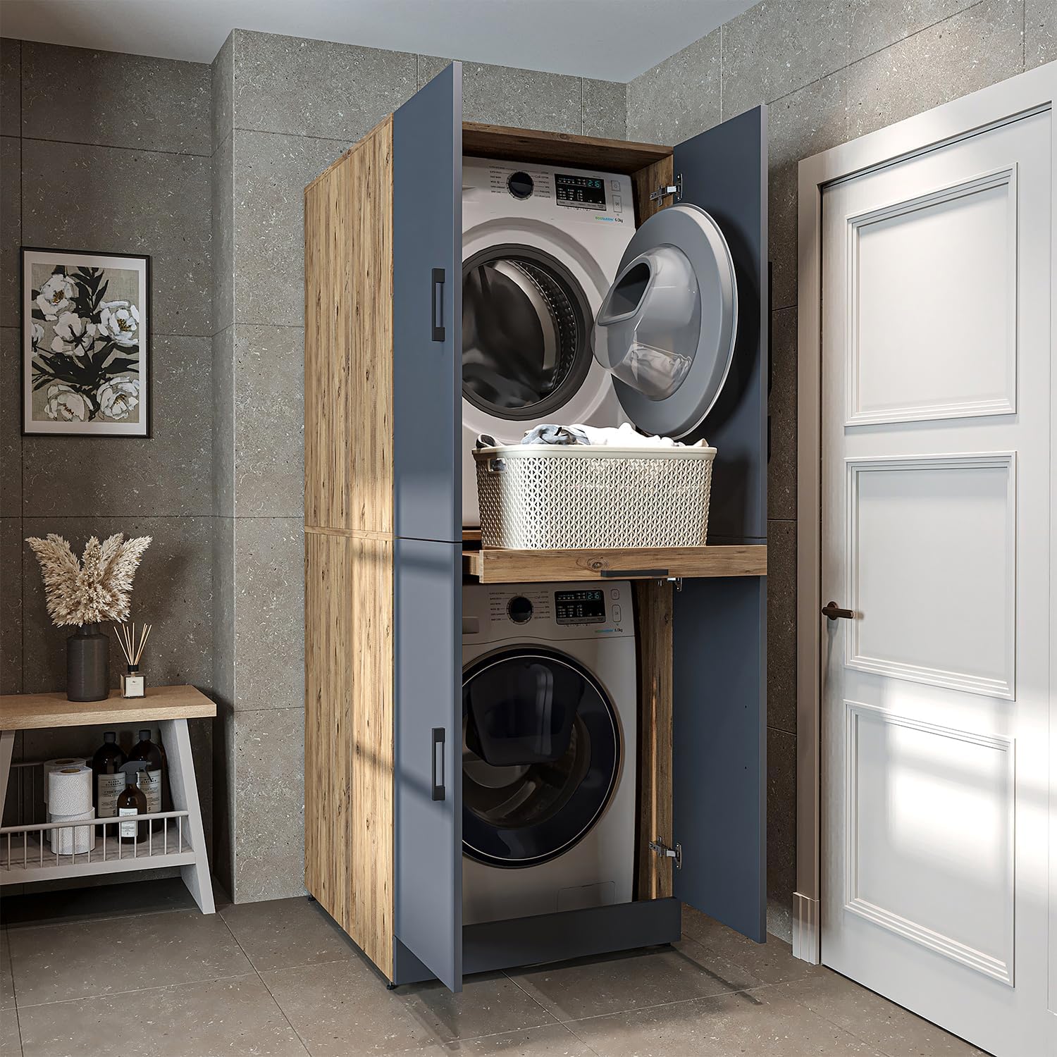 ROOMART Dora Armoire de machine à laver, pour sèche-linge et machine à laver, en 4 couleurs, avec portes et planche coulissante (chêne anthracite)