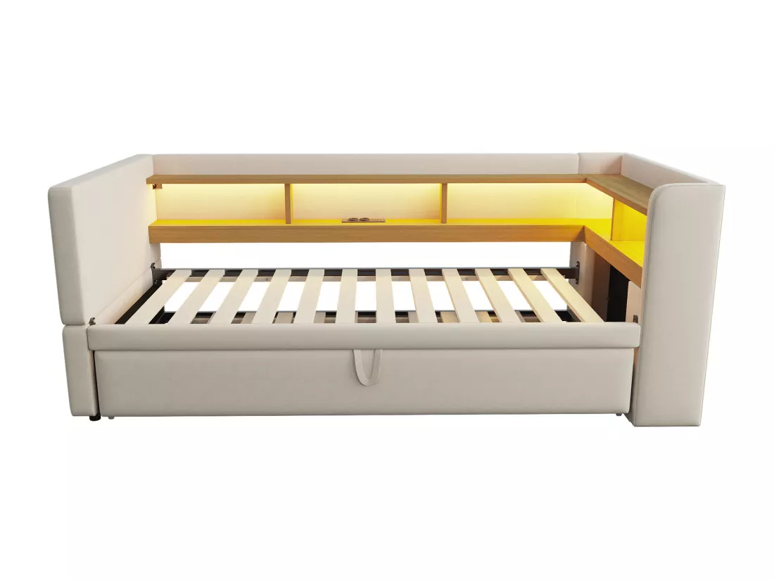 Canapé convertible capitonné 90/180x190 cm - avec éclairage LED - avec prise - multiples rangements - beige (matelas non inclus)