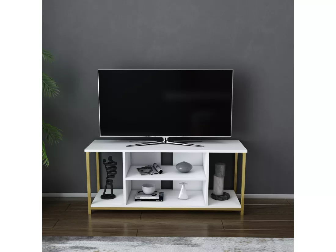 Meuble TV Rinaldo de 120 cm avec niches, cadre en métal (Doré et Blanc)